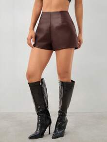 SHEIN PETITE Damen Shorts Vintage Burgund Sexy Leder PU Mini Shorts für Party, Halloween Outfits, Weihnachtsoutfits, Thanksgiving Outfits, Sexy Sirene Bürooutfits - Kaffeebraun - Übersicht 5