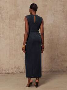 Lumalex VITNOS 新款高端优雅灰色针织无袖褶皱修身腰部金属扣装饰不对称连衣裙，女士服装，适合音乐会、约会、婚礼、派对、生日、情人节、节日、假期等特殊场合，优雅派对礼服，春季女装，正式礼服，魅力优雅连衣裙，新款女装，奢华连衣裙，舞会聚会宴会，低调奢华的节日派对狂欢节外出度假热门户外丰富层次婚礼季宴会圣诞节新年派对造型 - 深灰色 - 查看 3