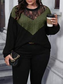Calvaya Plus Size Autumn Fashion Color Block Contrast Lace Sweatshirt - Multicolor - View 1