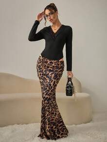 HautHeat Women's Contrast Lace V-Neck Long Sleeve Jumpsuit Loungewear - Black - View 4