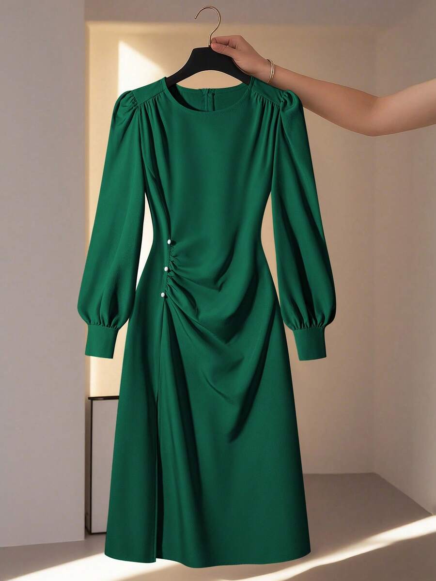 Franclia Vestido elegante de mujer de unicolor con cuello redondo, volantes y manga larga - Verde Oscuro - Ver 1