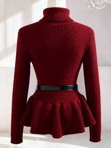 SHEIN LUNE Women's Elegant Solid Color High Neck Ruffle Hem Metal Button Decoration Sweater, Autumn/Winter - Burgundy - View 2