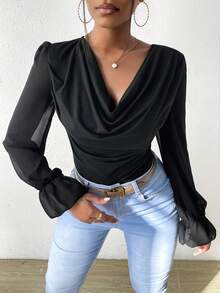 VaVaBold Women's Solid Color Ruffled Collar & Cuff Elegant Fashionable Bodysuit - Black - View 5