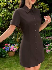 SHEIN EZwear 纯色前开襟休闲时尚短袖连衣裙 - 咖啡棕 - 查看 5
