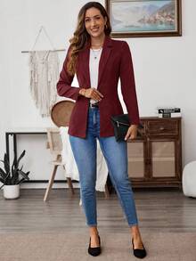 EMERY ROSE 女式纯色翻领长袖单扣休闲西装外套 - 酒紅色 - 查看 5