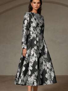 Revavyn Đầm xòe Jacquard cổ tròn tay dài phong cách cổ điển thanh lịch - Xám - Xem 4