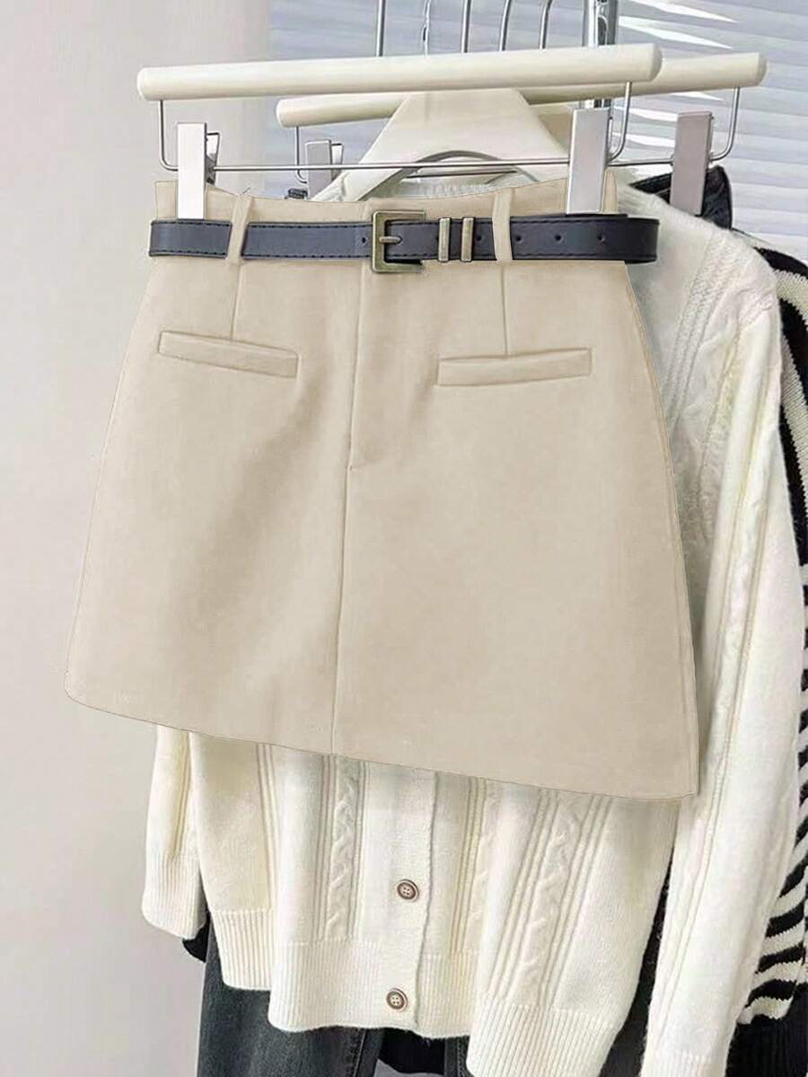 Franclia 简约通勤风春夏新款百搭时尚A字收腰修身小众设计黑色紧身半身裙 - 杏色 - 查看 1