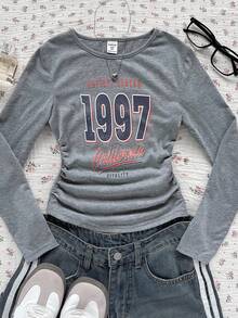 少女灰色字母印花圆领长袖T恤 - 灰色 - 查看 1