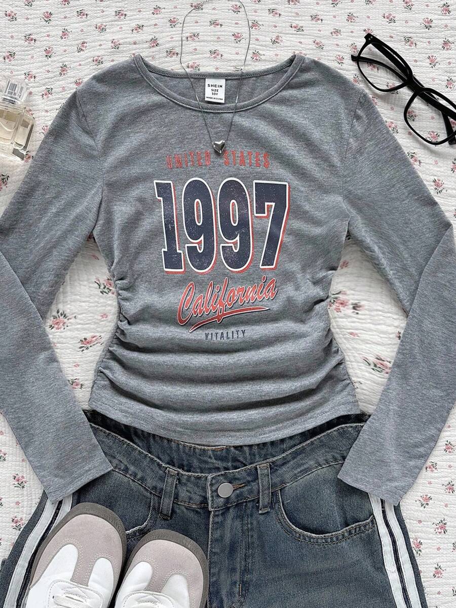 少女灰色字母印花圆领长袖T恤 - 灰色 - 查看 1