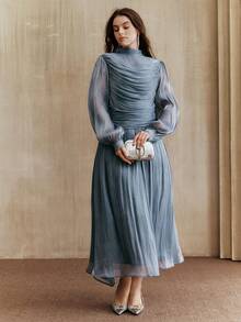 Anewsta Elegant Fashion Holiday Party Ruched Long Sleeve Flared Dress, Autumn/Winter - Dusty Blue - View 5