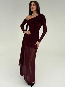 Aloruh 女士紫色褶皱雪纺连衣裙，垂肩设计 - 紫色 - 查看 3