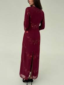 Aloruh 女士酒红色亮片深V领垂褶长款派对连衣裙 - 酒紅色 - 查看 2