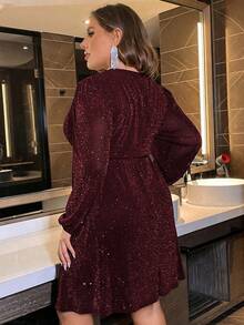 Femmeverse Plus Size Women's Glittery Wrap Dress For New Year Clothes