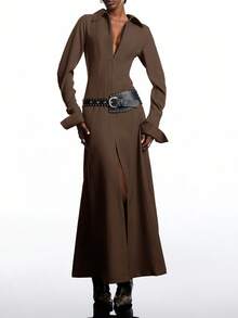 LYSMO Đầm thường ngày tay dài màu trơn có khóa kéo phía trước xẻ tà cho nữ - màu nâu - Xem 5