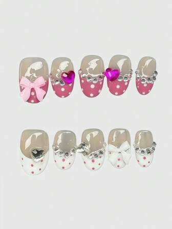 Kawaii Süße romantische Herz-Ballerina-Stil Schleifen mit weißen Flügeln, Metall-Musiknote, rosa Serie, handgefertigte Falschnägel, Massenproduktion für energiegeladene Mädchen, geeignet für tägliche Ausflüge und Dates