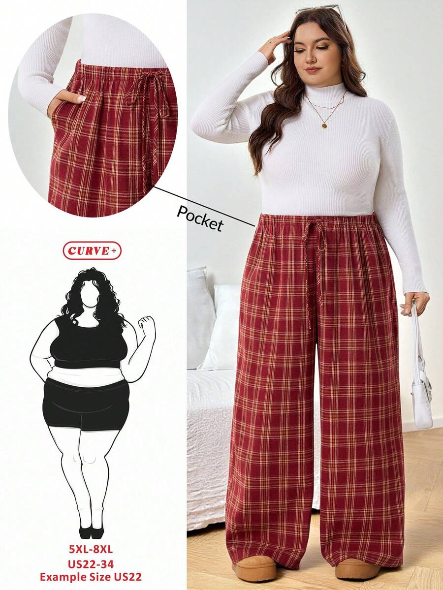 SHEIN CURVE+ Plus Size Women's Lace Up Checkered Straight Leg Loose Casual Pants, Red Checkered Christmas Pants Y2k Baggy