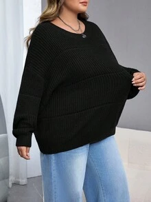 SHEIN CURVE+ 加大码纯色弹力罗纹针织加大码女式毛衣秋冬装