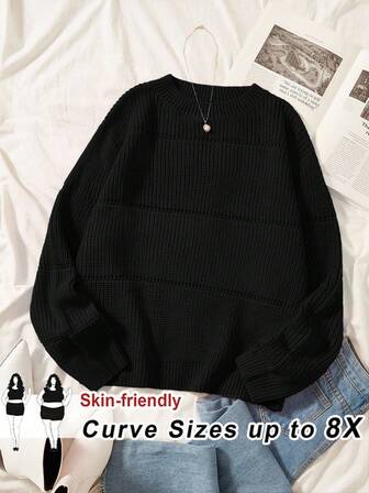 SHEIN CURVE+ Große Größen einfarbiger elastischer gerippter gestrickter Pullover für Damen, Herbst-Winter-Kleidung für Frauen