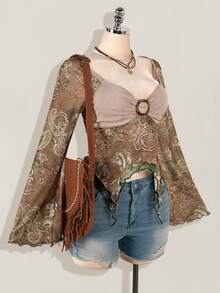 SHEIN ICON 女式波西米亚节日佩斯利印花 T 恤，不对称下摆，喇叭袖，复古 Y2k，秋季 - 棕色 - 查看 6