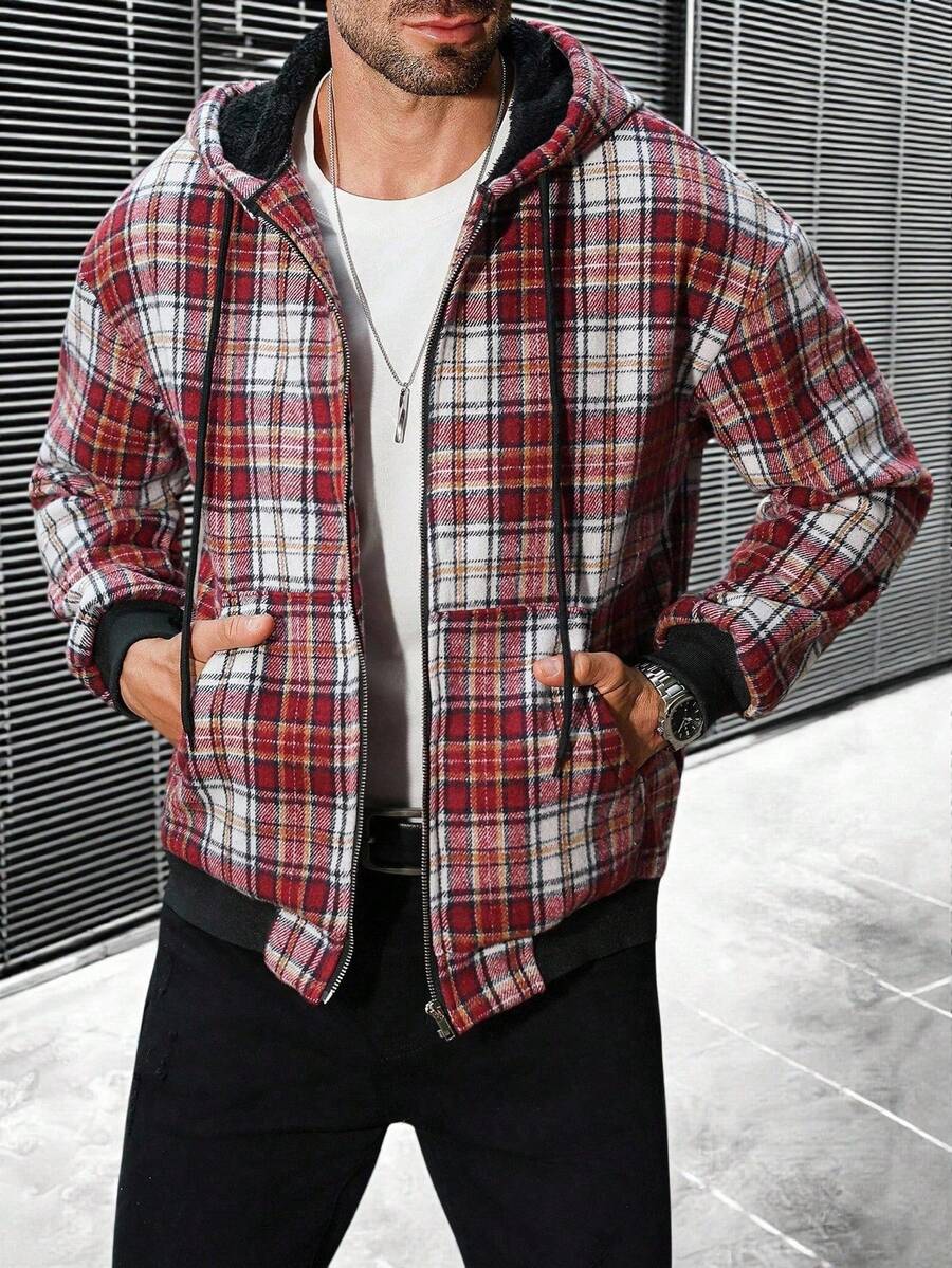Manfinity CasualCool Men's Autumn Plaid Long Sleeve Zip Front Drawstring Hooded Jacket, Christmas - Multicolor - View 1