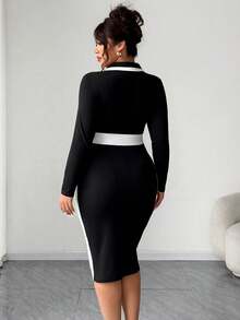 SHEIN PETITE CURVE 大码女式撞色西装领长袖修身连衣裙 - 黑與白 - 查看 2