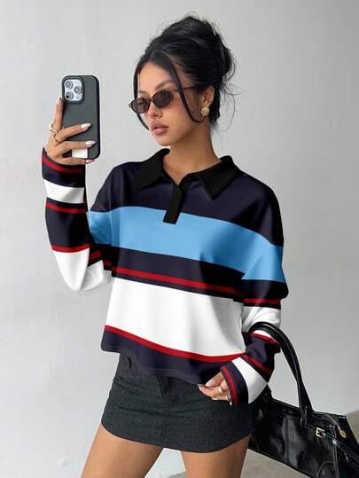 Aloruh Casual Retro Style Navy Blue & Red Striped Printed Sweatshirt Polo Shirt, 2 In 1 Striped Collegiate Style Vintage Y2K Women's Outerwear Top, Suitable For Autumn/Winter, Vintage, Collegiate, Versatile, Sexy, Cute, Y2K, Coconut Girl, Boho, Hippie, Music Festival New Year Party