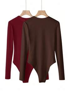 SHEIN BASICS 2pcs/Set Casual Solid Color Knit Crew Neck Long Sleeve Bodysuit For Women Summer Outfit For Women - Burgundy - View 6