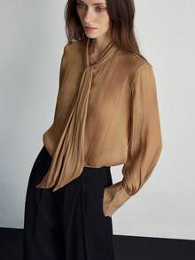 Zanirela Khaki Satin Kragen Krawatte Langarm Hemd, zart & sanft, geeignet für den täglichen Gebrauch, Arbeit und Zusammenkünfte - Khaki - Übersicht 4