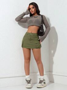 SHEIN PETITE 女士实用口袋休闲修身牛仔迷你裙 - 綠色 - 查看 5