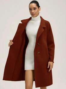 Revavyn Áo khoác dài đến đầu gối bằng len Merino tối giản mới thu/đông, kiểu dáng thanh lịch sang trọng, cổ áo khoét màu trơn, áo khoác ngoài đa năng thời trang thường ngày dành cho nữ, thích hợp để đi làm hàng ngày, mua sắm, đi làm, hẹn hò và các dịp khác - màu nâu - Xem 5