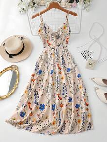 Elenzga Plus Size Elegant Floral Print Sleeveless Dress, Summer