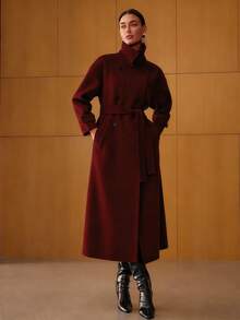 MOTF PREMIUM WOOL DOUBLE BREASTED PLACKET BELTED OVERCOAT - Burgundy - View 4