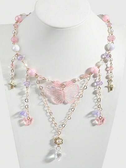 Goth 2pcs Punk Vintage Style Rhinestone Star Pendant Necklace, Luxury Iced Out Double Layer Star Chain Necklace, Streetwear Choker