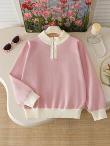 Genkimix Kids Tween Girl Casual Loose Long Sleeved Half Zip Sweater, Fashionable Winter - Pink - View 1