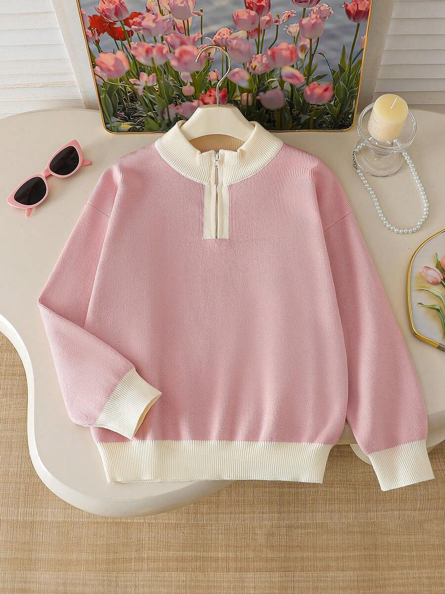 Genkimix Kids Tween Girl Casual Loose Long Sleeved Half Zip Sweater, Fashionable Winter - Pink - View 1
