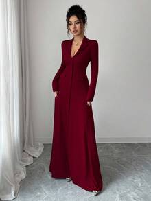 SHEIN Elenzya 女士标准尺码纯色罗纹修身优雅针织连衣裙，秋冬款 - 酒紅色 - 查看 4