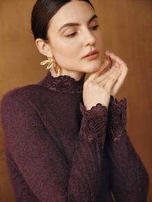 Anewsta Elegant Fashion Party New Year Christmas Lace Patchwork Brushed Women's Slim Fit Sexy Undershirt Top, Autumn/Winter - Purple - View 5