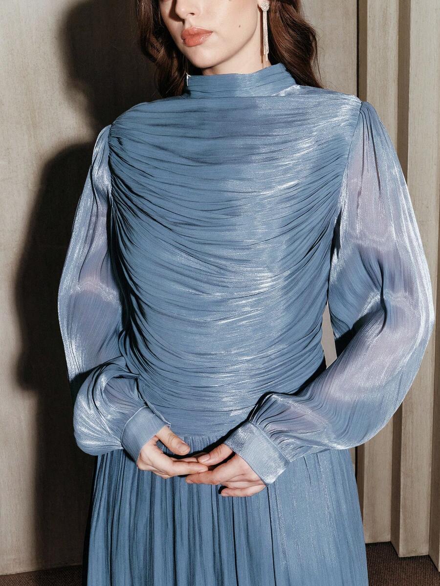 Anewsta Elegant Fashion Holiday Party Ruched Long Sleeve Flared Dress, Autumn/Winter - Dusty Blue - View 1