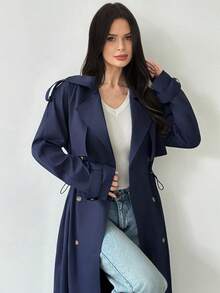 Firerie Women's Elegant Minimalist Casual Commute Daily Street Fashion Urban Chic New Double-Breasted Cinched Waist Elastic Navy Blue Mid-Length Trench Coat, Autumn/Winter - Navy Blue - View 6