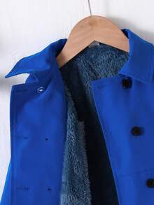 SHEIN Elladie kids 女童纯色单排扣休闲抓绒外套，秋冬季 - 寶藍色 - 查看 3