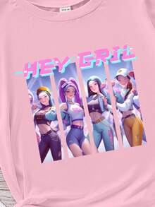 Sparklyn Tween Girl Pink T-Shirt, Spring/Summer, Cute & Cool Anime Purple Girl Pattern, All-Match Versatile Everyday Wear, Featuring Cartoon K-POP Girl Design And K-POP Logo, Pink T-Shirt, Suitable For Autumn/Winter - Pink - View 4