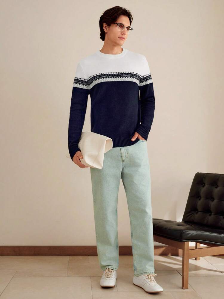 RONVEXI Men's Striped Pattern Crew Neck Long Sleeve Casual Sweater, Autumn/Winter - Multicolor - View 7
