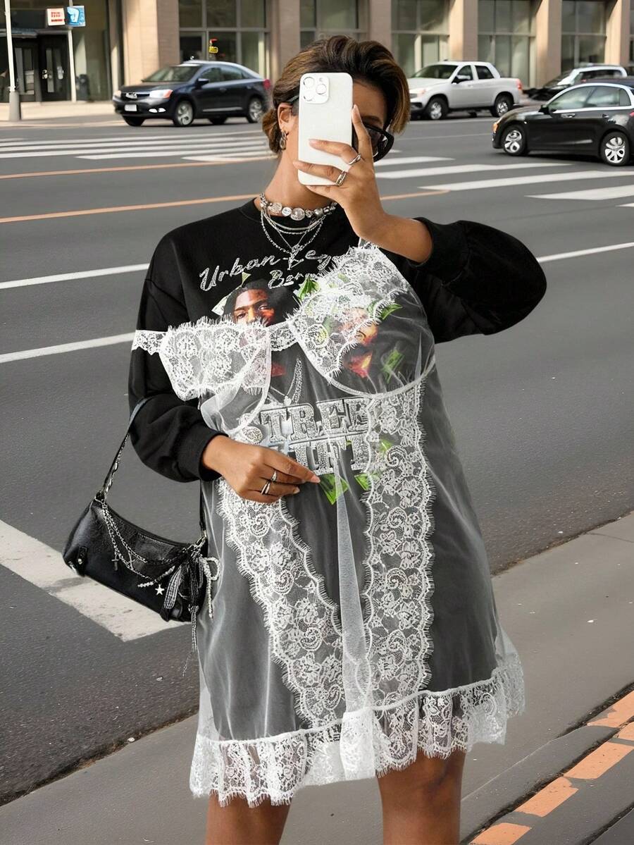 Slaydiva 秋冬新品，音乐节，复活节，生日派对，日常休闲，度假，邮轮旅行，海滩，日光浴，时尚，黑色长袖纯色印花卫衣连衣裙和网纱蕾丝饰边镂空宽松吊带长裙加大码两件套，Y2K 万圣节感恩节 - 黑與白 - 查看 1