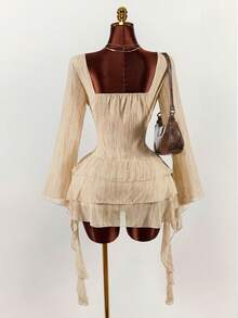 Amplova Váy ngắn phong cách du mục miền Tây dành cho nữ, gợi cảm và tiên phong, phù hợp cho mùa thu/đông, viền nhún bèo, vải voan nhẹ, cổ yếm, hở lưng - Nhiều màu - Xem 2