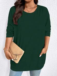 EMERY ROSE Plus Size Casual Solid Color Double Pocket T-Shirt, Versatile For Autumn - Green - View 6
