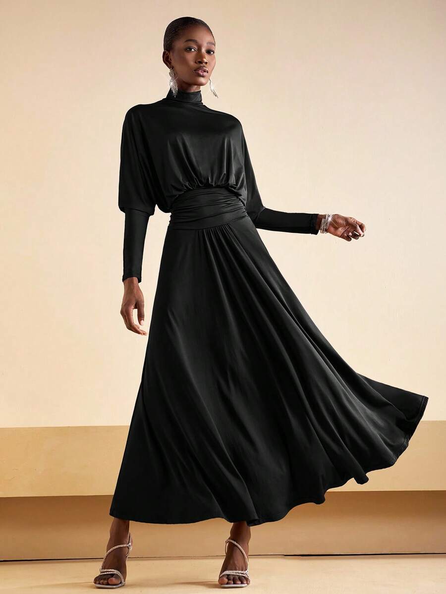 Zivah 2025新款秋冬休闲日常约会通勤商务女士优雅海滩游轮派对简约网红热门生日派对高端派对圆领宽松蝙蝠袖收腰A字棕色长裙针织面料女士超长连衣裙-B - 黑色 - 查看 1