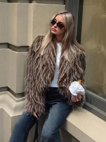 Aloruh Women's Grey Winter Street Wear Night Out Fashionable Long Sleeve Open Front Faux Fur Jacket,Fluffy Thick & Warm Fox Fur Coat,Mid-Length Outerwear - Black - View 3