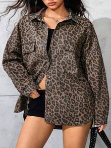 SHEIN ICON 秋季大码时尚豹纹牛仔夹克 - 彩色 - 查看 8