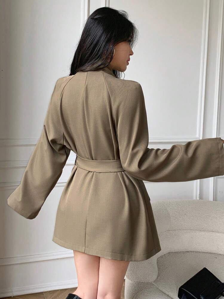 Celisse Damen Einfarbiger Stehkragen Loser Trenchcoat - Khaki - Übersicht 2
