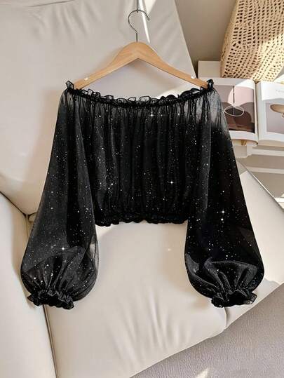 GlowEve Casual Black Off Shoulder Crop Top With Fringe And Semi-Sheer Long Cold Shoulder Sleeves